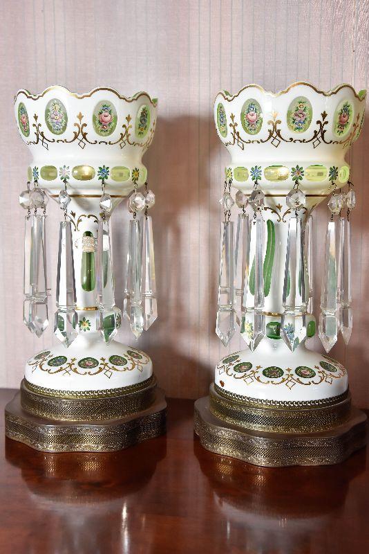 Lot 1: Pair of Antique Bohemian Art Glass Luster Lamps | EstateSales.org