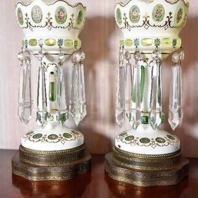 Lot 1: Pair of Antique Bohemian Art Glass Luster Lamps