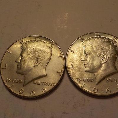 2- 1966 Kennedy half dollar coins.