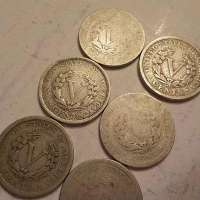 6- V - Nickels 1905, 1902, 1892,1886.