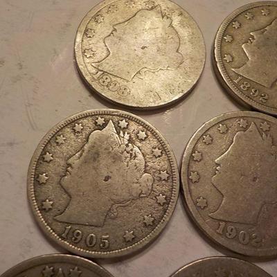6- V - Nickels 1905, 1902, 1892,1886.