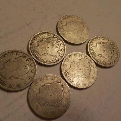 6- V - Nickels 1905, 1902, 1892,1886.