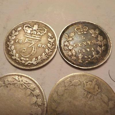  Canadian 1886- 3 pence.1894 5 cents, 1919-5 cents,1846-4-pence/ 2- 10 cents??.