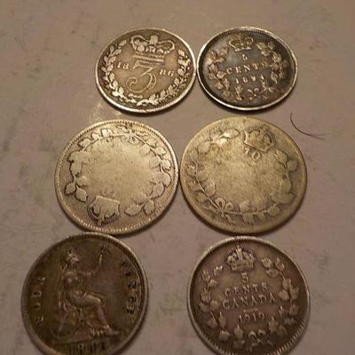  Canadian 1886- 3 pence.1894 5 cents, 1919-5 cents,1846-4-pence/ 2- 10 cents??.