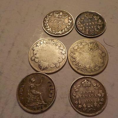  Canadian 1886- 3 pence.1894 5 cents, 1919-5 cents,1846-4-pence/ 2- 10 cents??.
