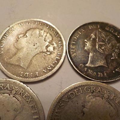  Canadian 1886- 3 pence.1894 5 cents, 1919-5 cents,1846-4-pence/ 2- 10 cents??.