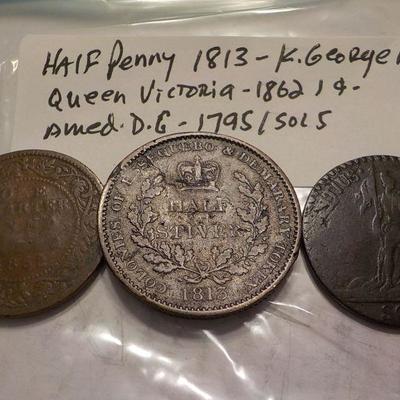 King George 111-1813,/  1862 Queen Victoria- 1 cent,  / 1795 Amed . d.g.,sol 5.