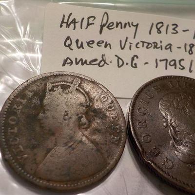 King George 111-1813,/  1862 Queen Victoria- 1 cent,  / 1795 Amed . d.g.,sol 5.