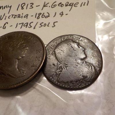 King George 111-1813,/  1862 Queen Victoria- 1 cent,  / 1795 Amed . d.g.,sol 5.