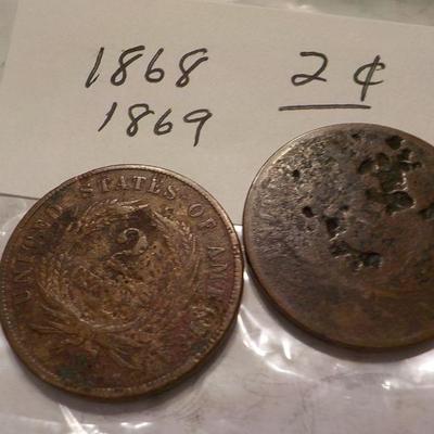 1868 - 2 cent coin and 1869 - 2 cent coin.