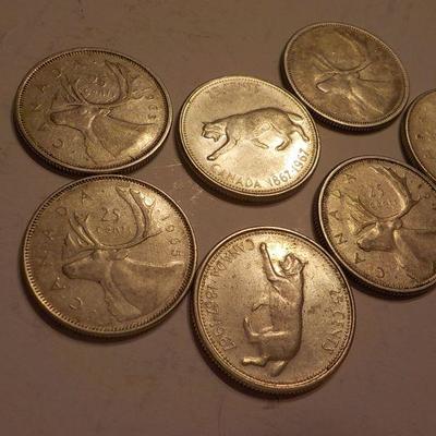 1965, 1960 Canadian quarters plus 2 centennial 1967 quarters.