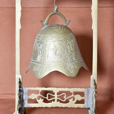 Lot 33: Large Vintage Brass Bell with Etched Motif on Stand