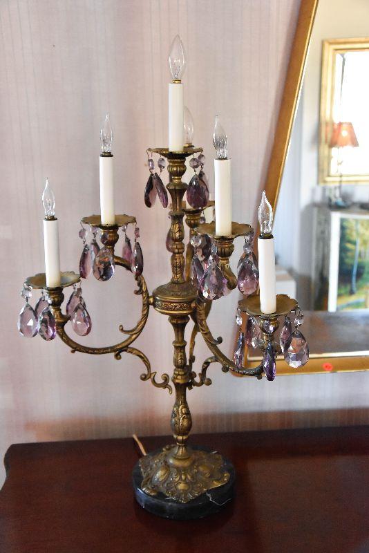 Lot 54 Vintage Chandelier Table Lamp with Purple Crystal Prisms