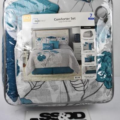 Mainstays Teal Roses 7 Pc Comforter Set, Full/Queen, Teal Gray, $50 Retail - New