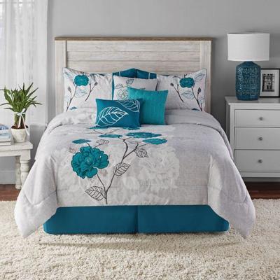 Mainstays Teal Roses 7 Pc Comforter Set, Full/Queen, Teal Gray, $50 Retail - New