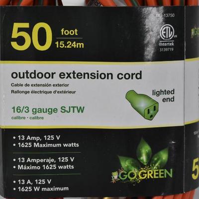GoGreen Power 16/3 50' Heavy Duty Extension Cord, Lighted End, $17 Retail - New