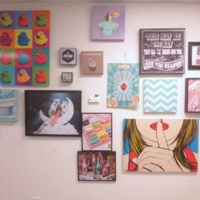 Lot 180 - Wall of Modern Art Pieces Varied Sizes + Subjects