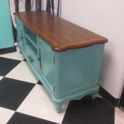 Lot 186 - Turquoise Credenza With Natural Wood Top 