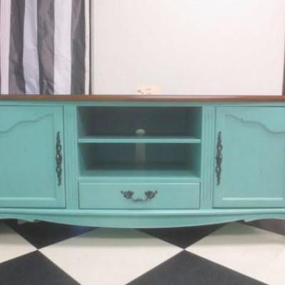 Lot 186 - Turquoise Credenza With Natural Wood Top 