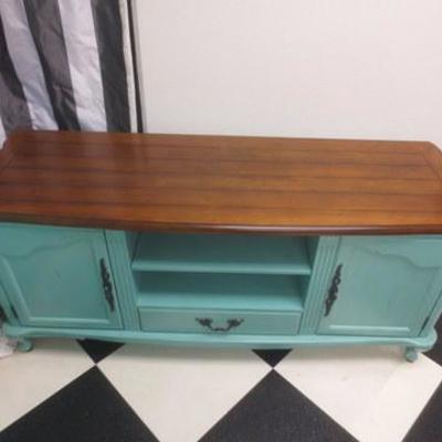 Lot 186 - Turquoise Credenza With Natural Wood Top 