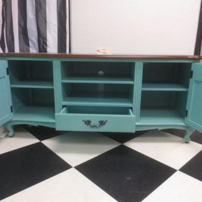 Lot 186 - Turquoise Credenza With Natural Wood Top 