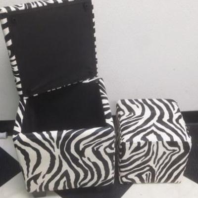 Lot 197 - Zebra Print Pillow Group &  Square Ottoman Containers