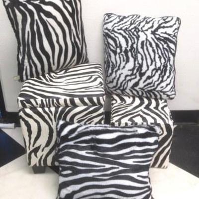 Lot 197 - Zebra Print Pillow Group &  Square Ottoman Containers