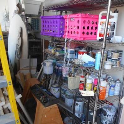 Lot 706 - 1 Stainless Rack Full Of Supplies, Ladder, Rolling Ice Chest, Etc.