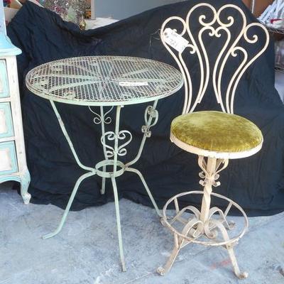 Lot 721 - 2 Wrought Iron Pieces - Turq. Patio Table & Chair