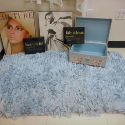 Lot 509 - 8 pc. Couture Wall Hangings, 2 Soft Robes & Blue Floor Rug