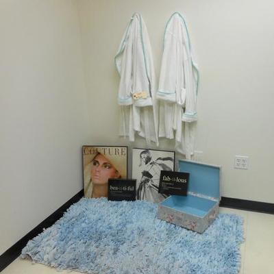Lot 509 - 8 pc. Couture Wall Hangings, 2 Soft Robes & Blue Floor Rug