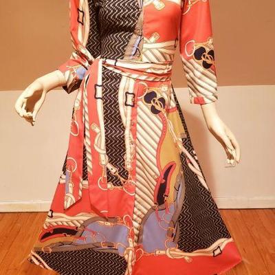 Scarf Multicolor printed dress Tie waist button front