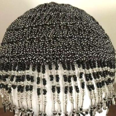 Gatsby Glass beaded Flapper Head Cap all fringes black/silver