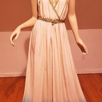 Tie Dye Maxi Grecian dress gold Braided ribbon details. Sash gold braided belt