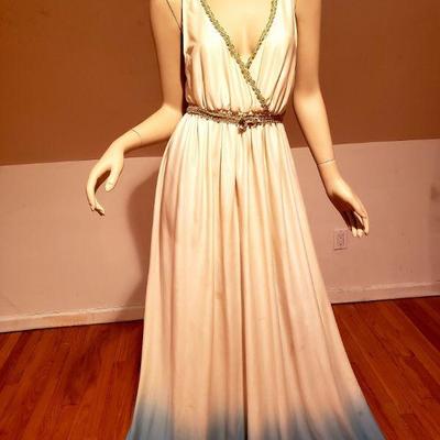 Tie Dye Maxi Grecian dress gold Braided ribbon details. Sash gold braided belt