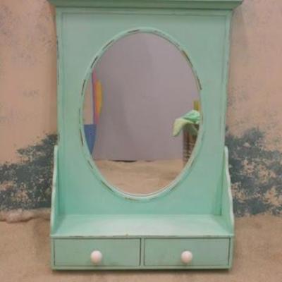 Lot 501 - Cute Turquoise Painted Shabby Chic Wall Mirror w/ Shelf & Drawer