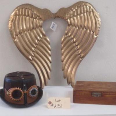 Lot 231 - Gotta See!  Steampunk Hat with Metal Wings & Old Wooden Box