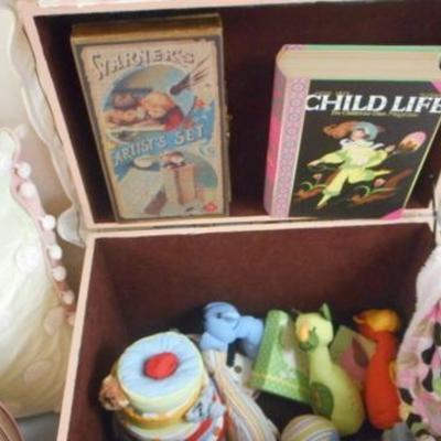 Lot 242 - Vintage Wooden Toy Box with Toys, Blankies, Pillows