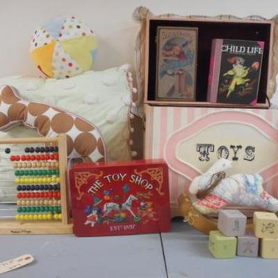 Lot 242 - Vintage Wooden Toy Box with Toys, Blankies, Pillows