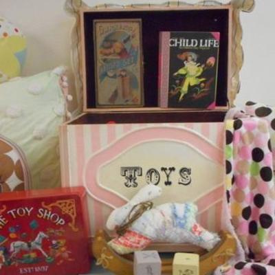 Lot 242 - Vintage Wooden Toy Box with Toys, Blankies, Pillows