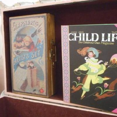 Lot 242 - Vintage Wooden Toy Box with Toys, Blankies, Pillows