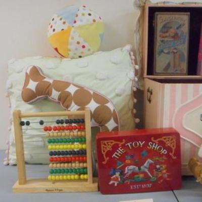 Lot 242 - Vintage Wooden Toy Box with Toys, Blankies, Pillows