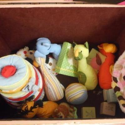 Lot 242 - Vintage Wooden Toy Box with Toys, Blankies, Pillows