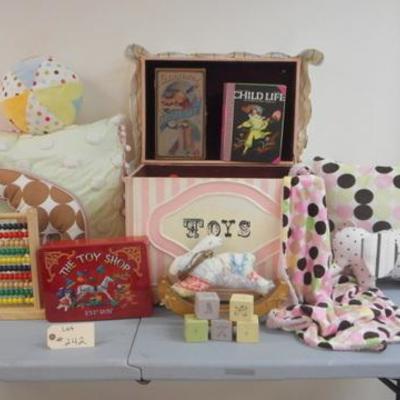 Lot 242 - Vintage Wooden Toy Box with Toys, Blankies, Pillows