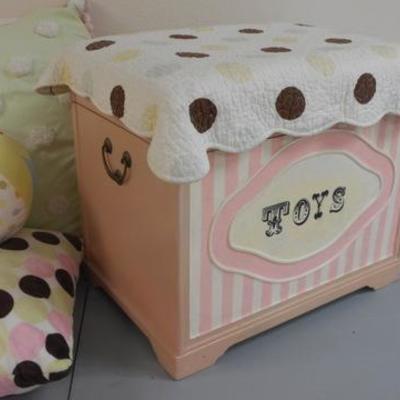 Lot 242 - Vintage Wooden Toy Box with Toys, Blankies, Pillows