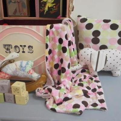 Lot 242 - Vintage Wooden Toy Box with Toys, Blankies, Pillows