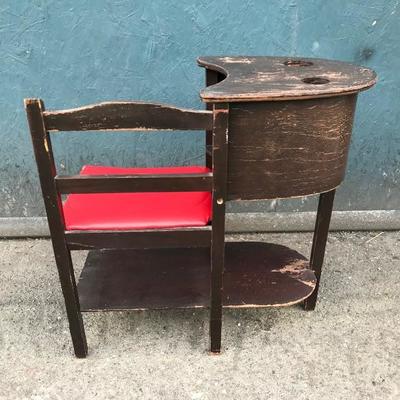 #8 - Antique Wood Telephone Bench w/ Red Vinyl Cushion