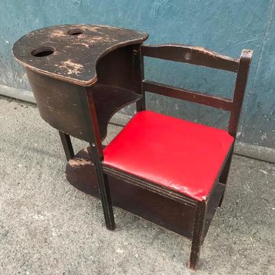 #8 - Antique Wood Telephone Bench w/ Red Vinyl Cushion