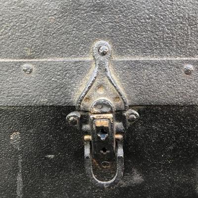 #87 - Antique Wood Trunk w/ Wheels & Alligator Leather Detail 