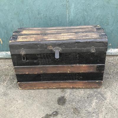 #87 - Antique Wood Trunk w/ Wheels & Alligator Leather Detail 